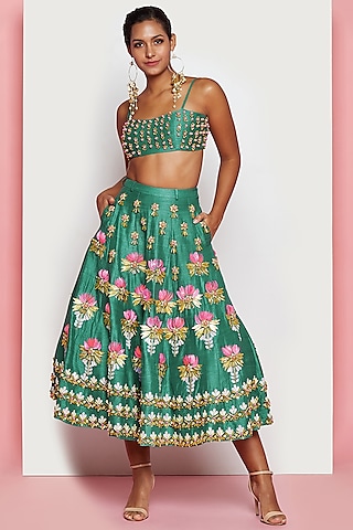 Green Raw Silk Short Lehenga Set by Papa Don't Preach by Shubhika