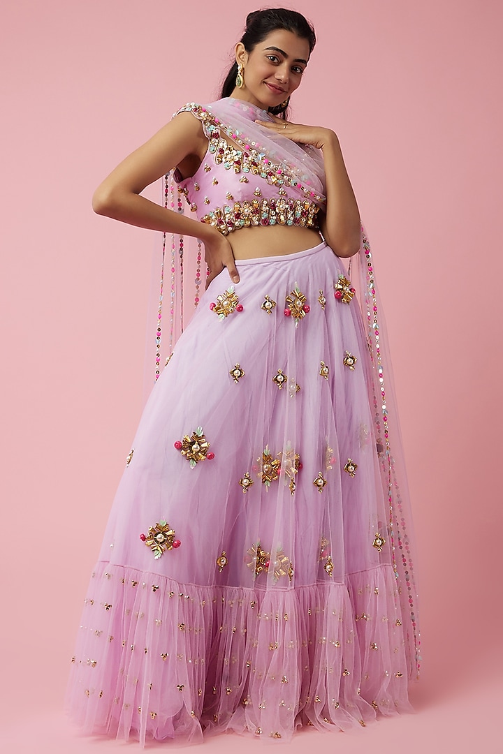 Lilac Tulle Embellished Bridal Lehenga Set by Papa Don't Preach by Shubhika at Pernia's Pop Up Shop