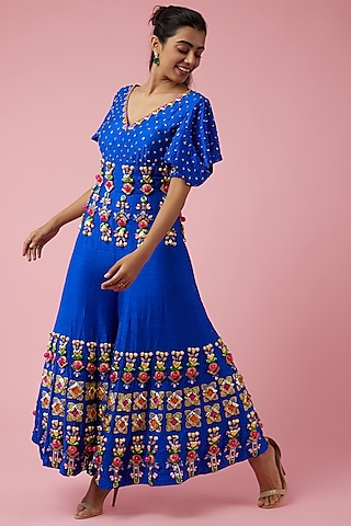 Electric Blue Embroidered Jumpsuit by Papa Don't Preach by Shubhika