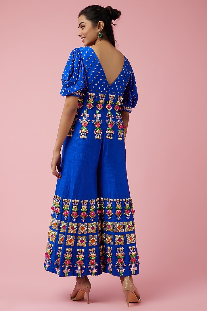 Electric Blue Embroidered Jumpsuit by Papa Don't Preach by Shubhika at Pernia's Pop Up Shop