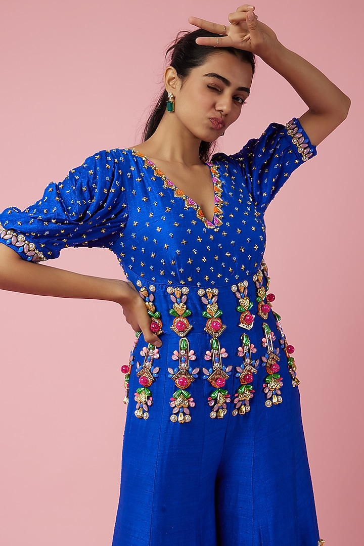 Electric Blue Embroidered Jumpsuit by Papa Don't Preach by Shubhika at Pernia's Pop Up Shop