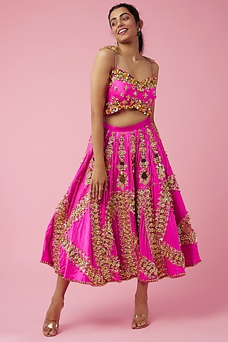 Hot Pink Raw Silk Bead & Metallic Embroidered Lehenga Set by Papa Don't Preach by Shubhika