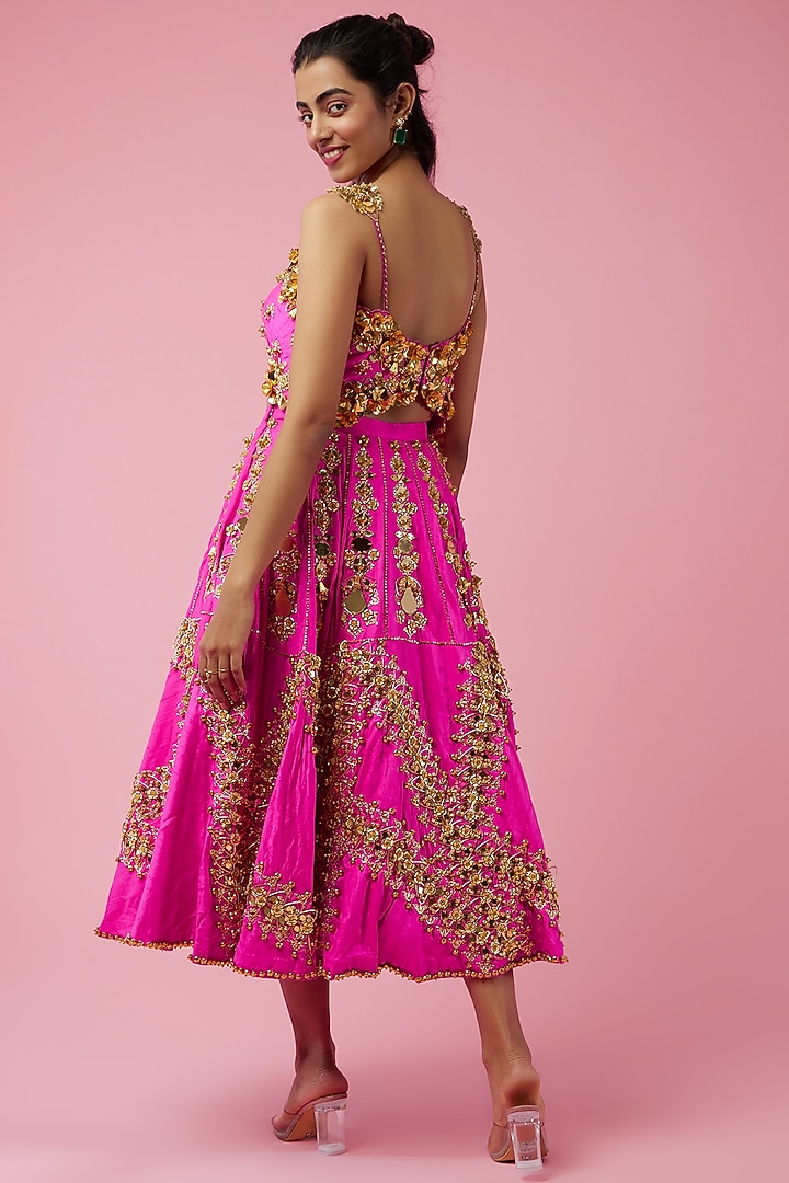 Hot Pink Raw Silk Bead & Metallic Embroidered Bridal Lehenga Set by Papa Don't Preach by Shubhika at Pernia's Pop Up Shop