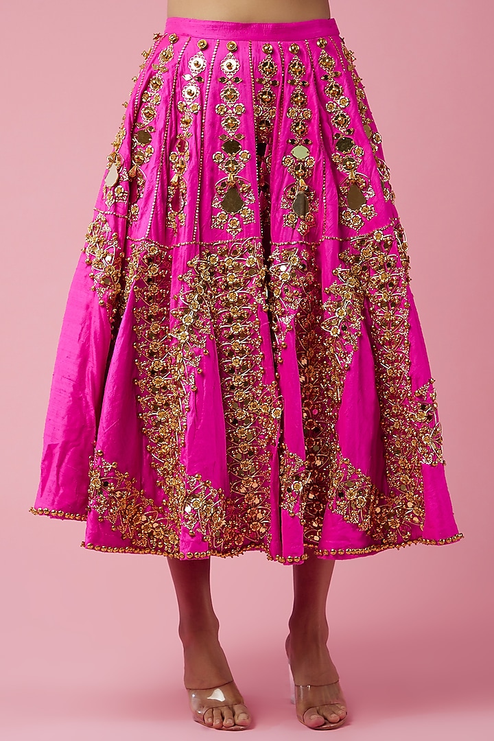 Hot Pink Raw Silk Bead & Metallic Embroidered Bridal Lehenga Set by Papa Don't Preach by Shubhika at Pernia's Pop Up Shop