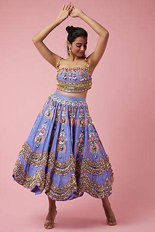 Lavender Raw Silk Bead & Metallic Embroidered Lehenga Set by Papa Don't Preach by Shubhika