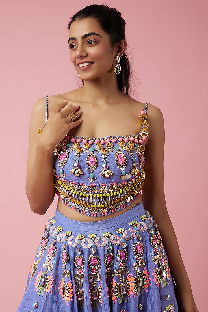 Lavender Raw Silk Bead & Metallic Embroidered Bridal Lehenga Set by Papa Don't Preach by Shubhika at Pernia's Pop Up Shop