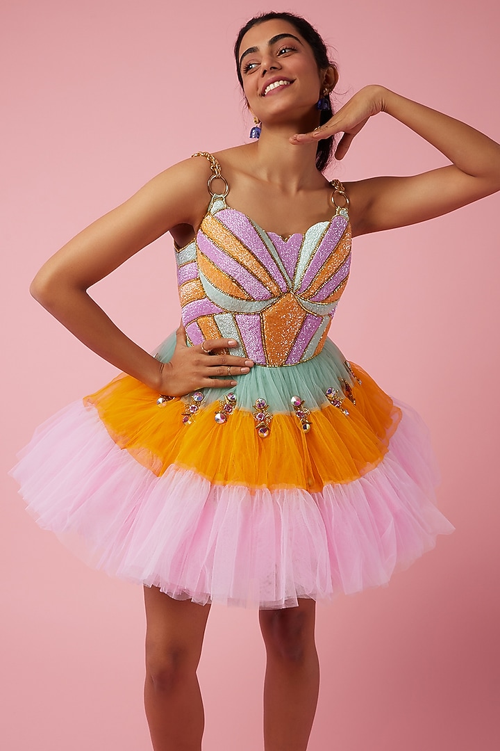 papa don't preach short dress Green Tulle Metal Embroidered Babydoll Mini Party Wear Dress by Papa Don't Preach by Shubhika at Pernia's Pop Up Shop 2026