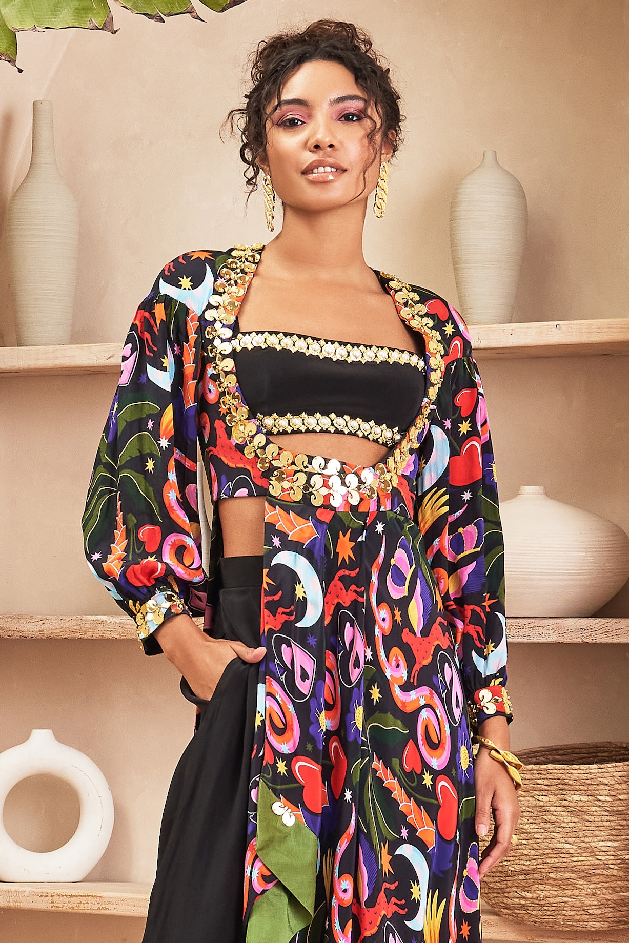 Floral Printed Printed Half Jacket Black Crepe Jungle Printed Half