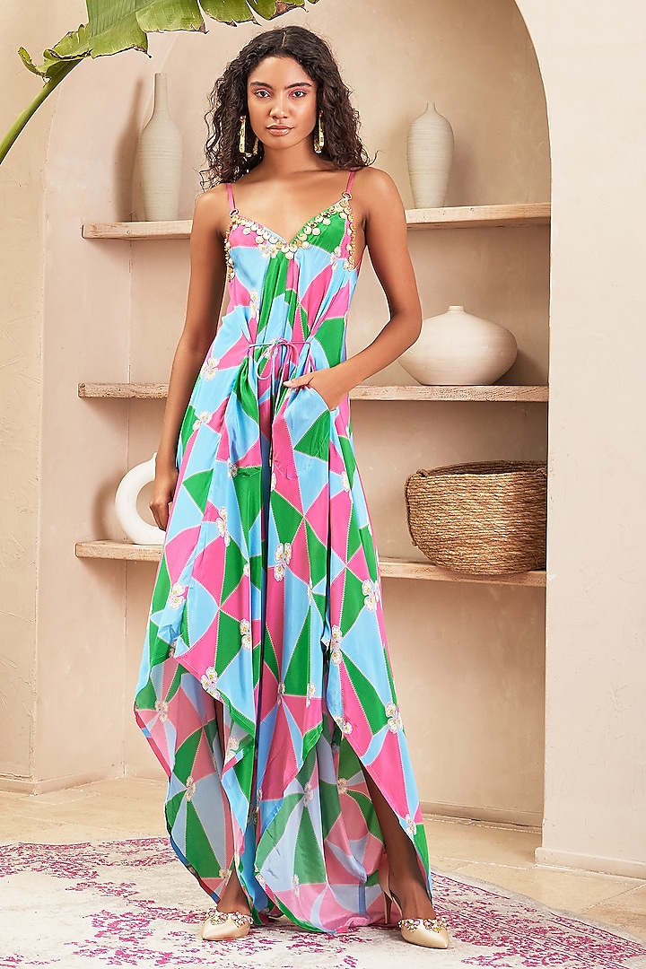 Multi-Colored Crepe Abstract Printed & Embroidered Draped Jumpsuit by PAPA DONT PREACH PRET