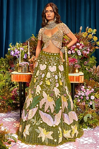 Olive Green Tulle Sequins Hand Embroidered Lehenga Set by Papa Don't Preach by Shubhika