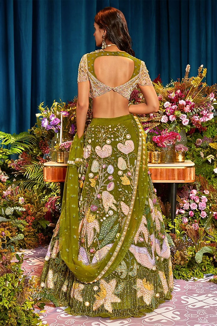 Olive Green Tulle Sequins Hand Embroidered Bridal Lehenga Set by Papa Don't Preach by Shubhika at Pernia's Pop Up Shop