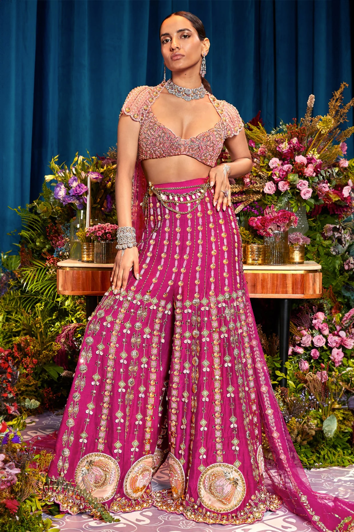 Magenta Raw Silk Patchwork Sharara Set by Papa Don't Preach