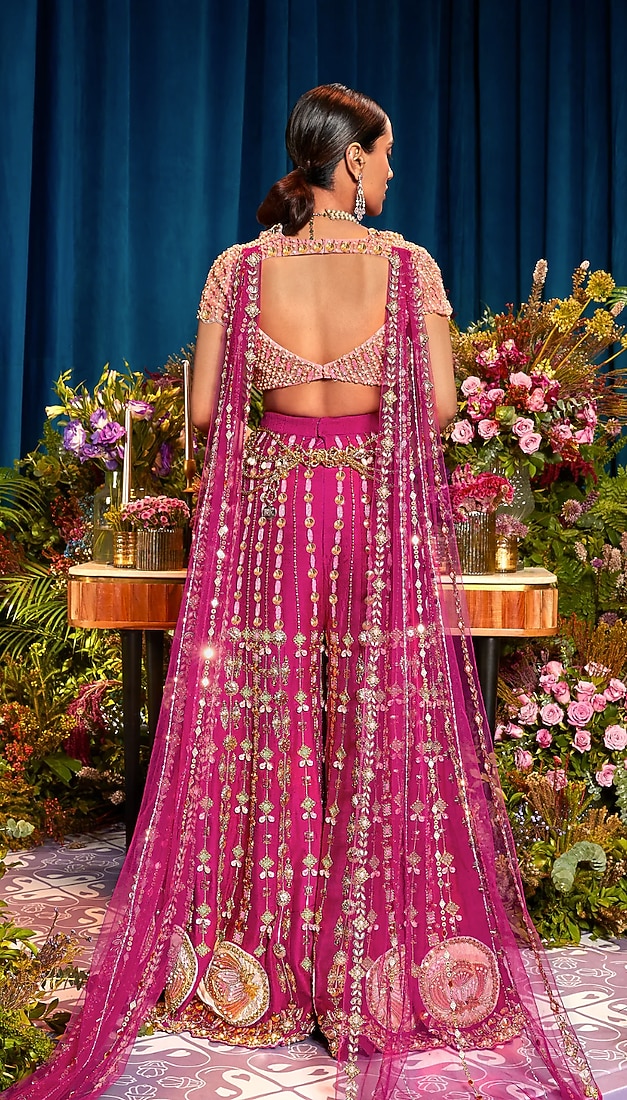 Magenta Raw Silk Patchwork Bridal Sharara Set by Papa Don't Preach by Shubhika at Pernia's Pop Up Shop