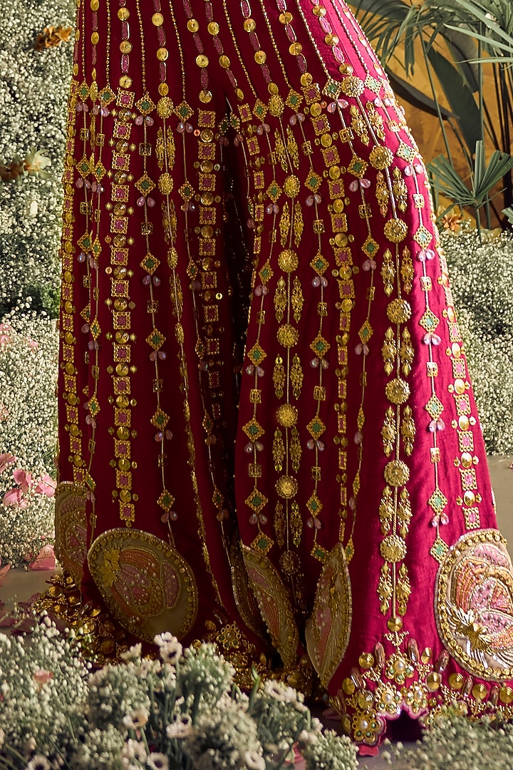 Magenta Raw Silk Patchwork Bridal Sharara Set by Papa Don't Preach by Shubhika at Pernia's Pop Up Shop