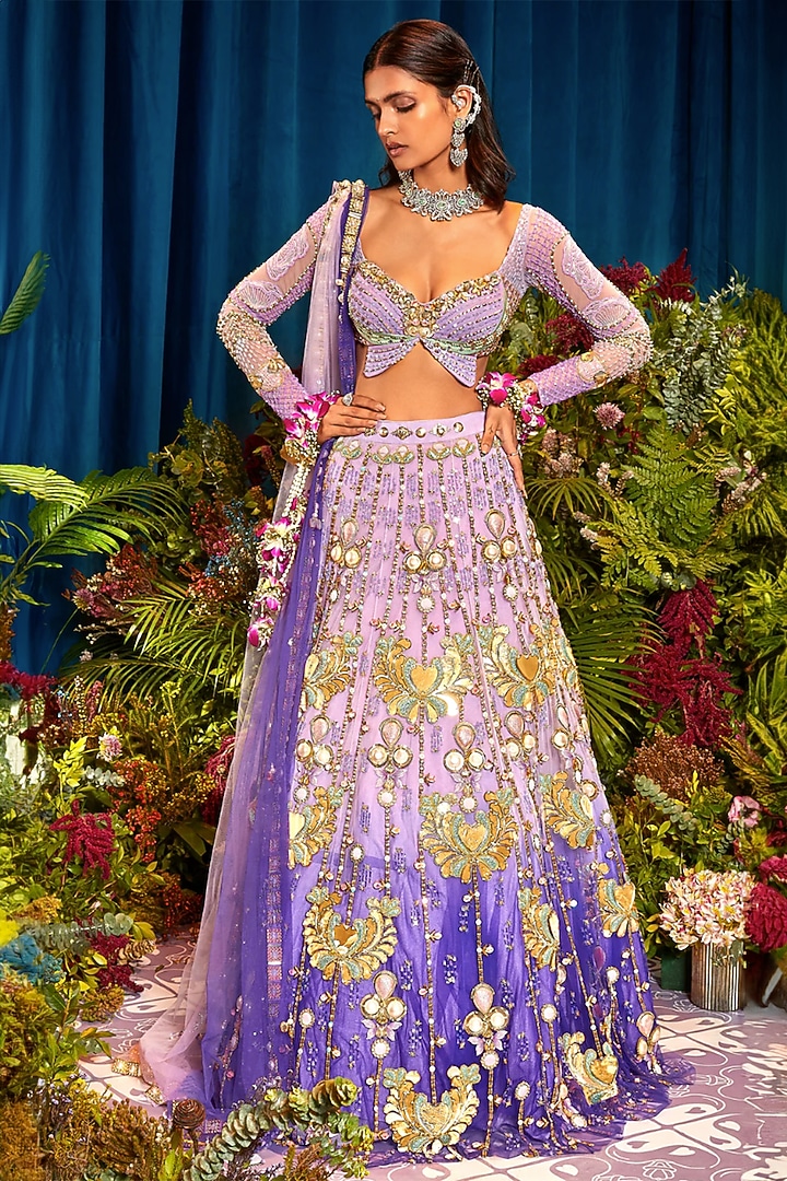 Lilac Tulle Metal Embellished Bridal Lehenga Set by Papa Don't Preach by Shubhika at Pernia's Pop Up Shop