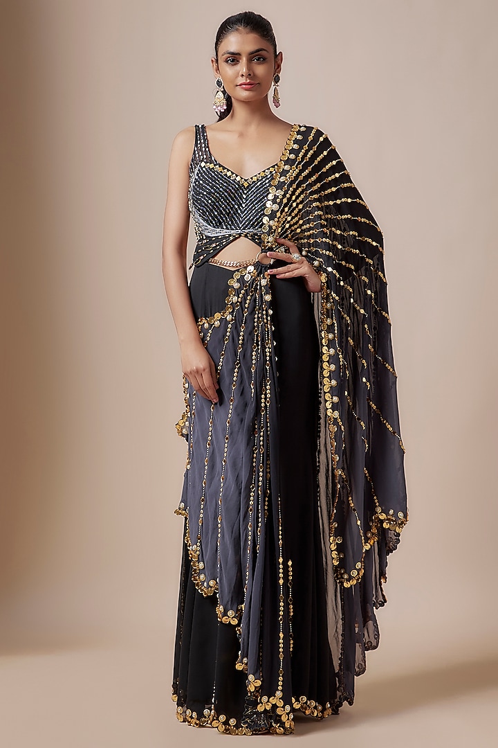 Black Georgette Embellished Pre-Draped Saree Set by Papa Don't Preach by Shubhika at Pernia's Pop Up Shop