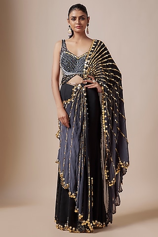 Black Georgette Embellished Pre-Draped Saree Set by Papa Don't Preach by Shubhika