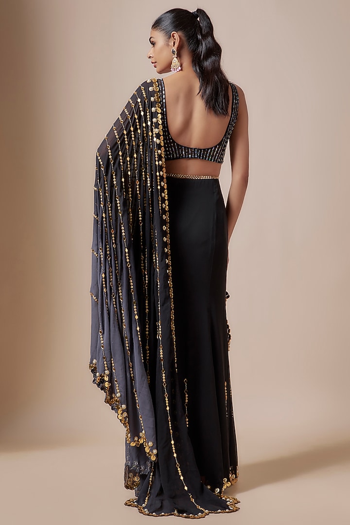 Black Georgette Embellished Pre-Draped Bridal Saree Set by Papa Don't Preach by Shubhika at Pernia's Pop Up Shop