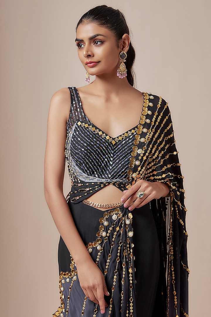 Black Georgette Embellished Pre-Draped Bridal Saree Set by Papa Don't Preach by Shubhika at Pernia's Pop Up Shop