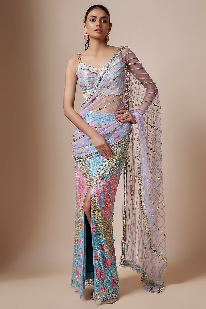 Ice Blue Tulle Acrylic Embellished Pre-Stitched Saree Set by Papa Don't Preach by Shubhika