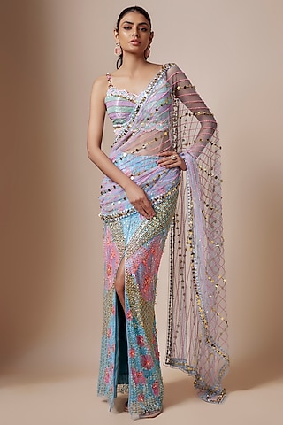 Ice Blue Tulle Acrylic Embellished Pre-Stitched Saree Set by Papa Don't Preach by Shubhika