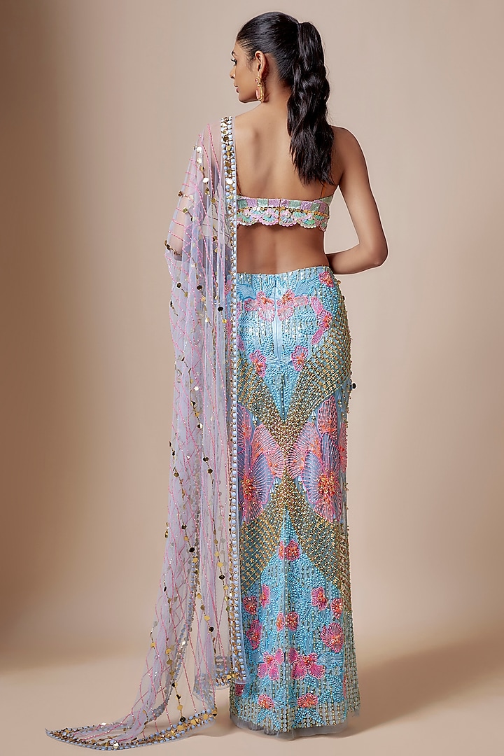 Ice Blue Tulle Acrylic Embellished Pre-Stitched Bridal Saree Set by Papa Don't Preach by Shubhika at Pernia's Pop Up Shop