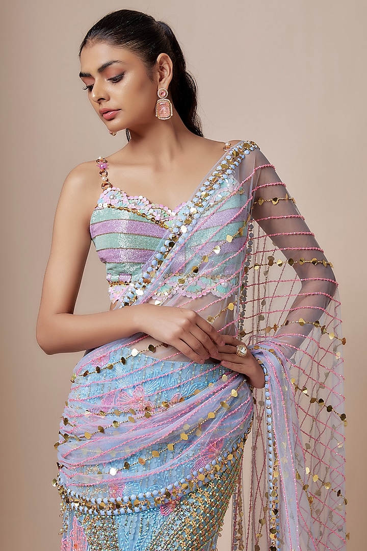 Ice Blue Tulle Acrylic Embellished Pre-Stitched Bridal Saree Set by Papa Don't Preach by Shubhika at Pernia's Pop Up Shop