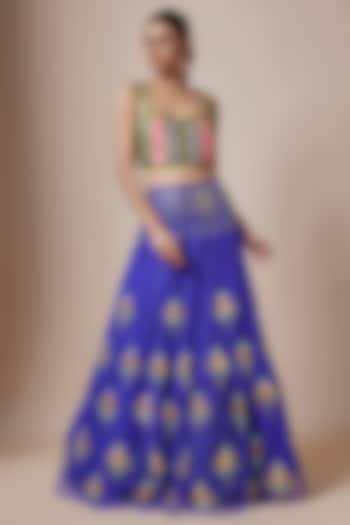 Azure Deep Blue Tulle Sequins & Metal Embellished Lehenga Set by Papa Don't Preach by Shubhika