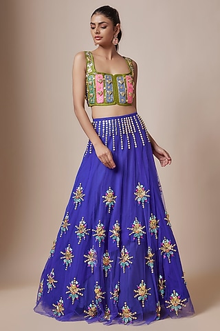 Azure Deep Blue Tulle Sequins & Metal Embellished Lehenga Set by Papa Don't Preach by Shubhika