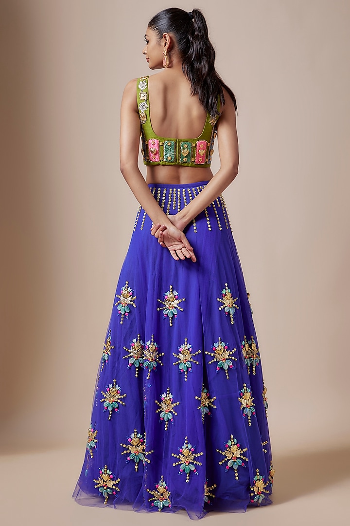 Azure Deep Blue Tulle Sequins & Metal Embellished Bridal Lehenga Set by Papa Don't Preach by Shubhika at Pernia's Pop Up Shop