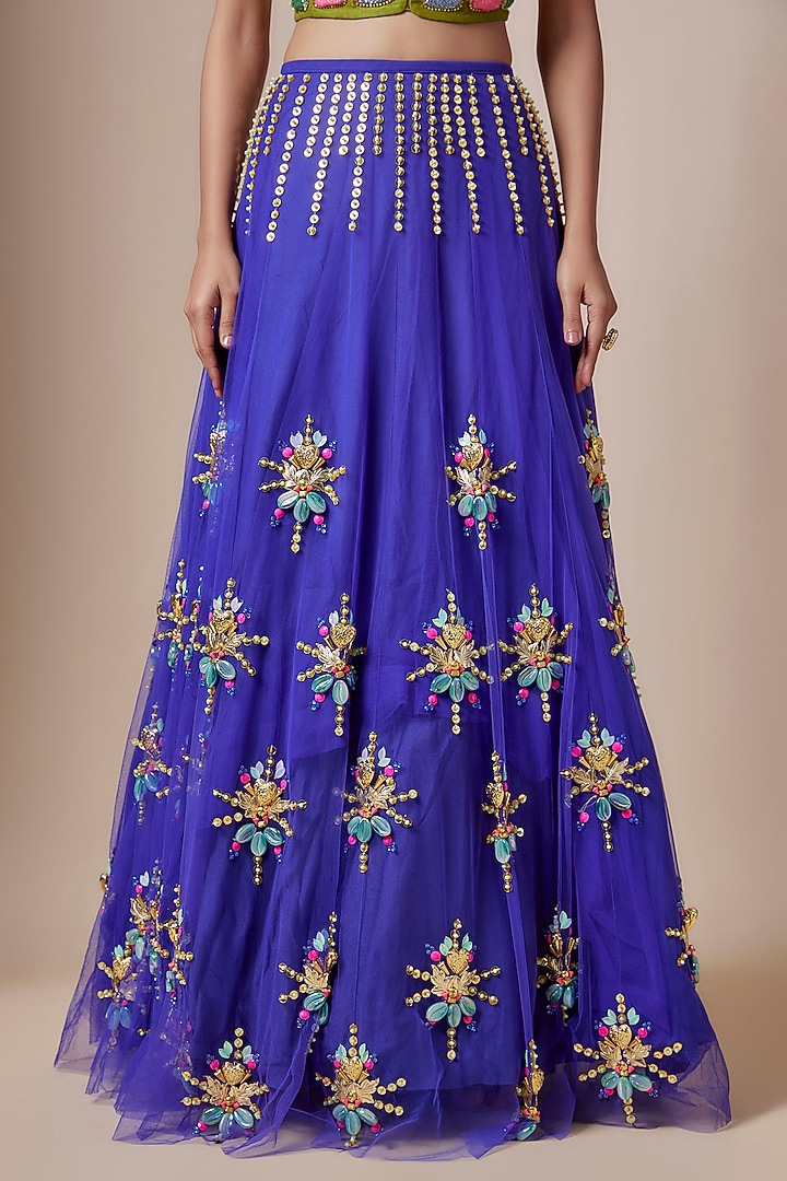 Azure Deep Blue Tulle Sequins & Metal Embellished Bridal Lehenga Set by Papa Don't Preach by Shubhika at Pernia's Pop Up Shop
