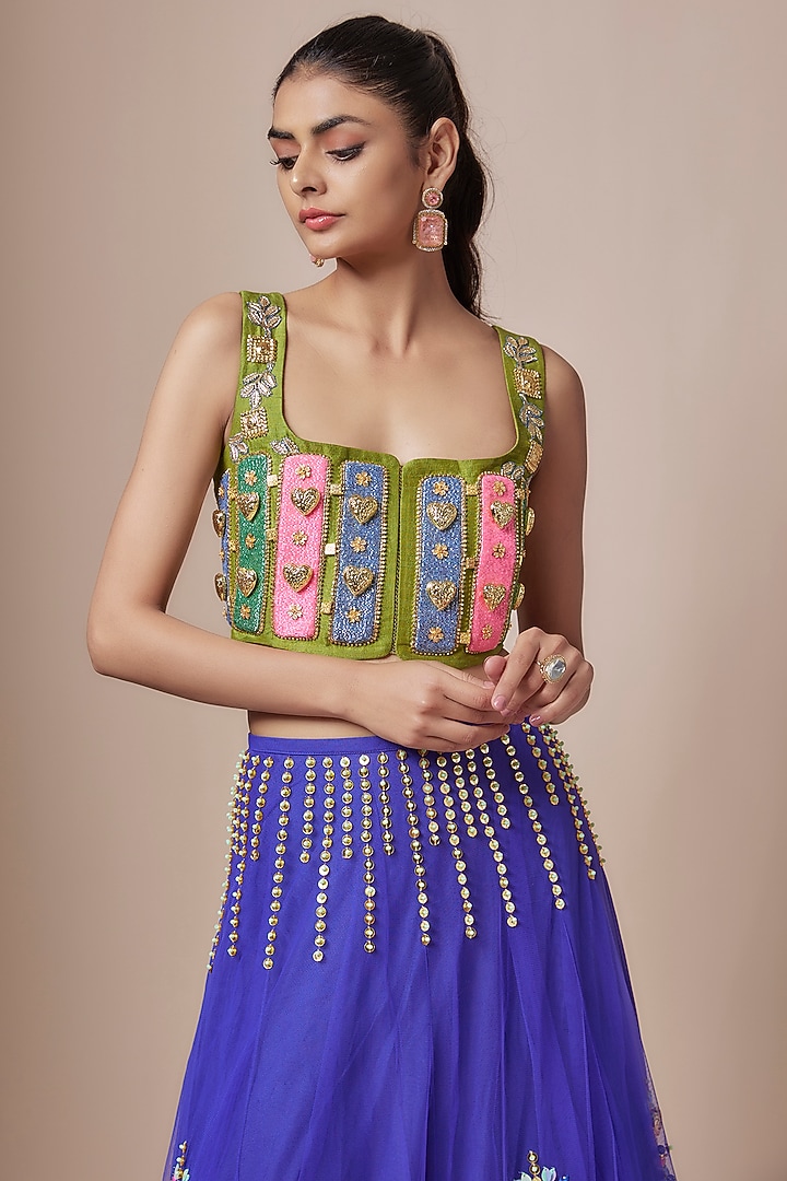 Azure Deep Blue Tulle Sequins & Metal Embellished Bridal Lehenga Set by Papa Don't Preach by Shubhika at Pernia's Pop Up Shop