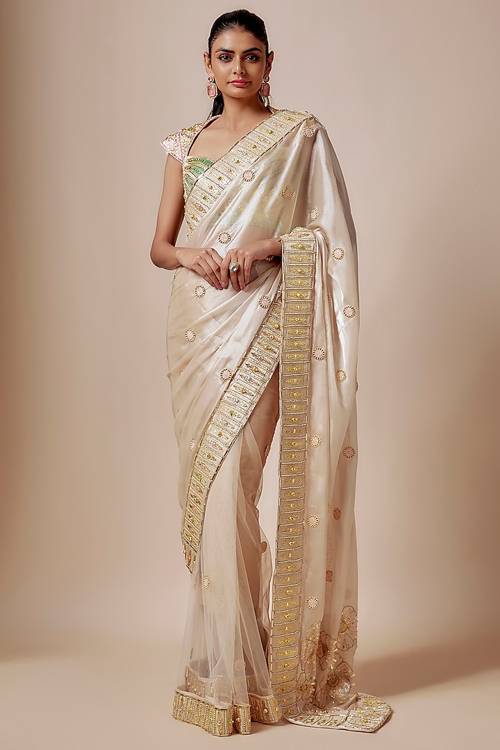 Ivory Organza Embellished Saree Set by Papa Don't Preach by Shubhika