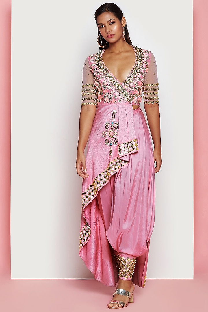 Jaipur Pink Embroidered Jacket With Dhoti Pants by Papa Don't Preach by Shubhika