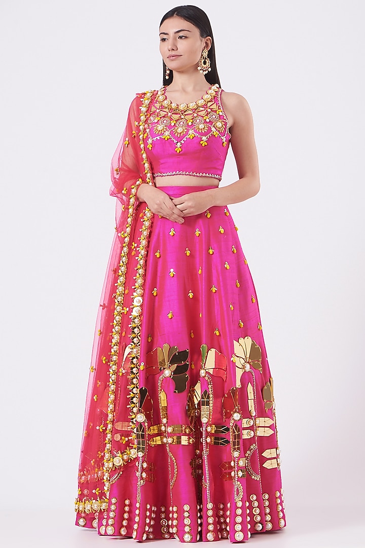 Hot Pink Embroidered Bridal Lehenga Set by Papa Don't Preach by Shubhika at Pernia's Pop Up Shop