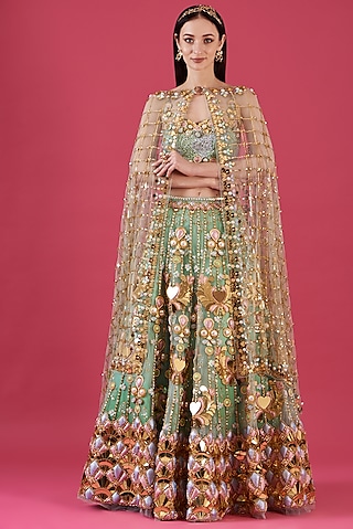 Teal Silk & Tissue Organza Embroidered Lehenga Set by Papa Don't Preach by Shubhika