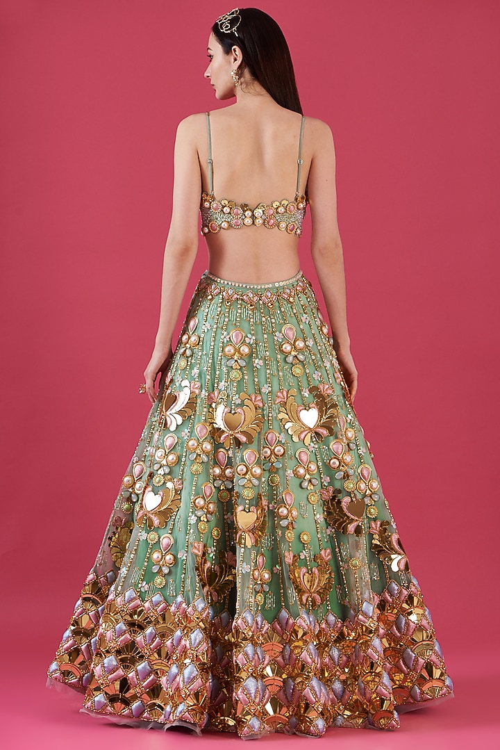 Teal Silk & Tissue Organza Embroidered Bridal Lehenga Set by Papa Don't Preach by Shubhika at Pernia's Pop Up Shop