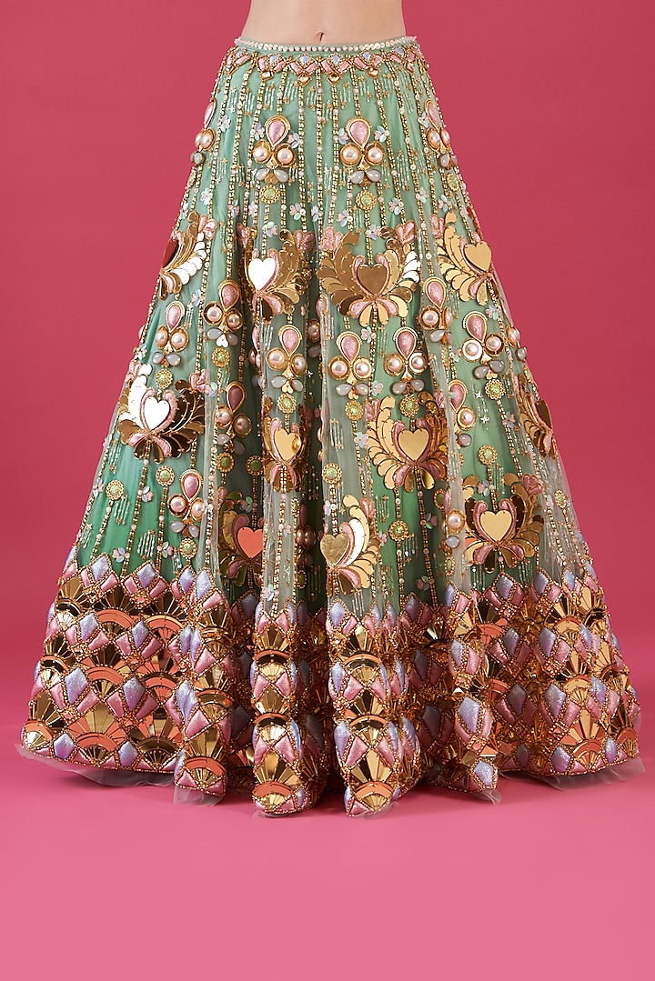 Teal Silk & Tissue Organza Embroidered Bridal Lehenga Set by Papa Don't Preach by Shubhika at Pernia's Pop Up Shop