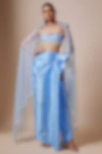 Blue Taffeta Embellished Draped Skirt Set by PAPA DONT PREACH PRET