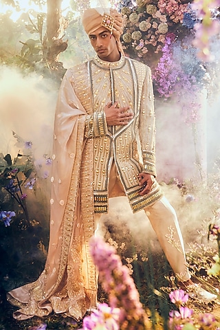 Ivory Velvet Embellished Sherwani Set by Papa Don't Preach by Shubhika Men