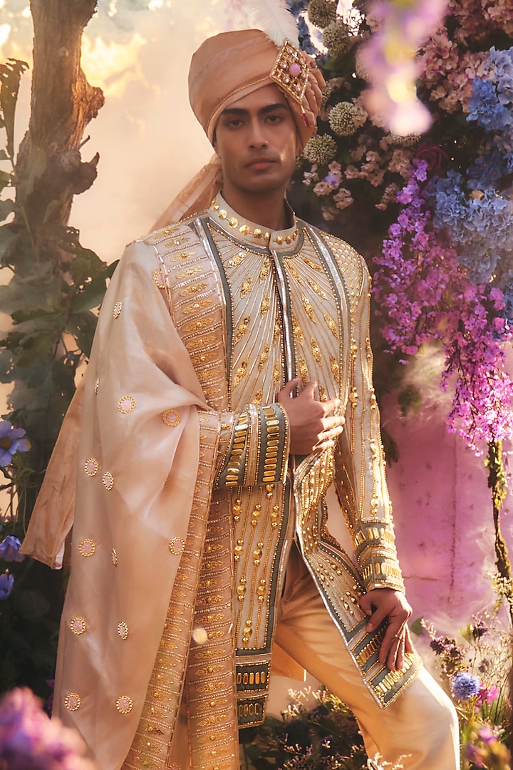 Ivory Velvet Embellished Groom Sherwani Set by Papa Don't Preach by Shubhika Men at Pernia's Pop Up Shop