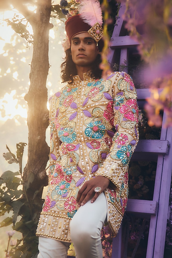 Ivory Velvet Embellished Groom Sherwani Set by Papa Don't Preach by Shubhika Men at Pernia's Pop Up Shop
