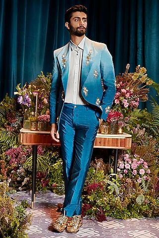 Blue Ombre Embellished Blazer Set by Papa Don't Preach by Shubhika Men