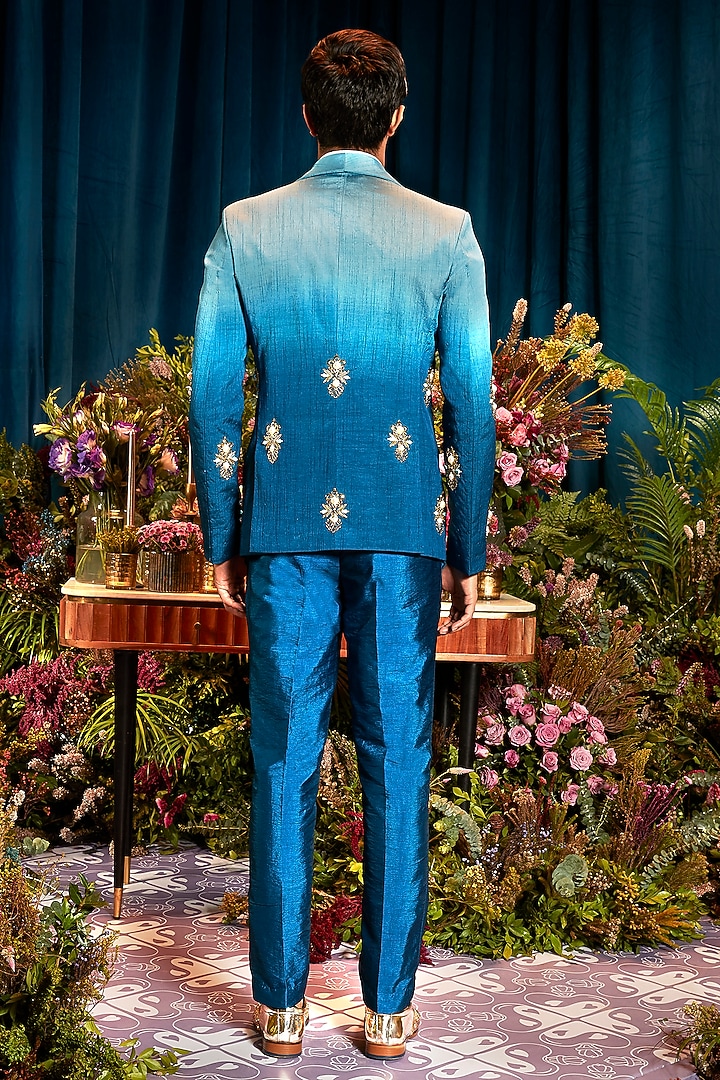 Blue Ombre Embellished Blazer Set by Papa Don't Preach by Shubhika Men at Pernia's Pop Up Shop