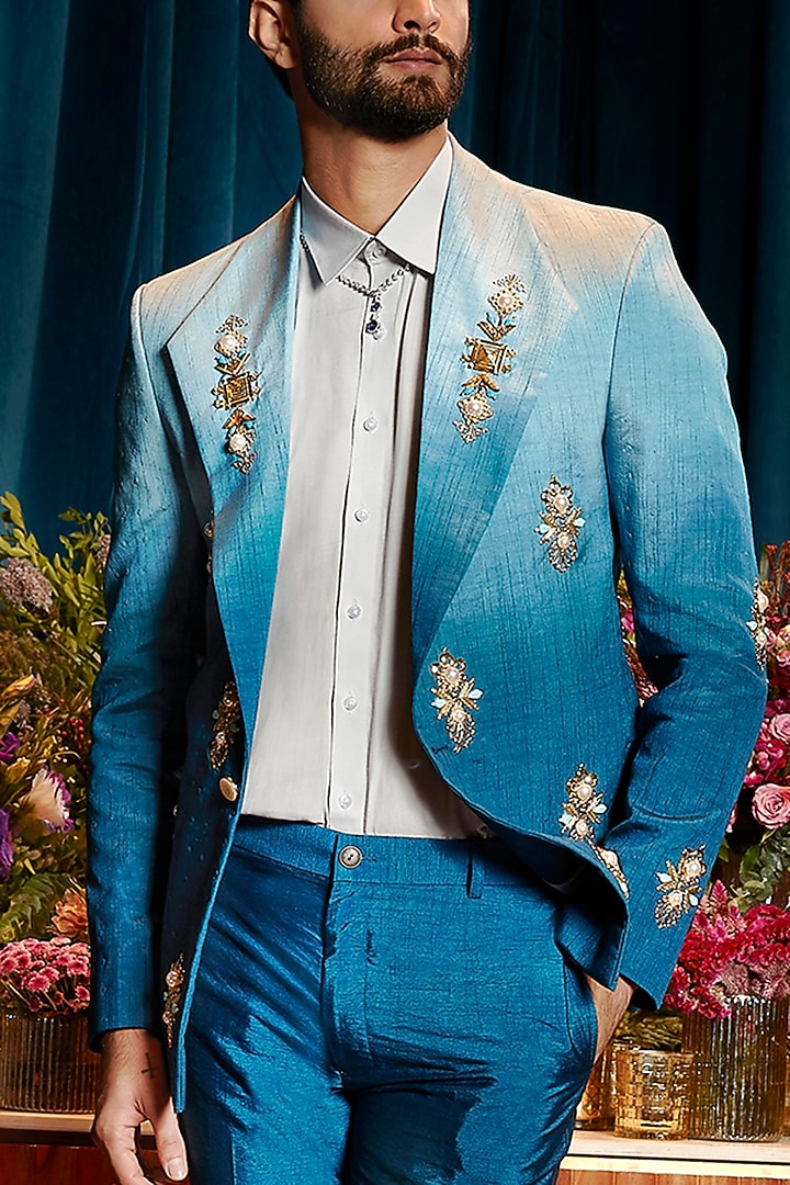 Blue Ombre Embellished Blazer Set by Papa Don't Preach by Shubhika Men at Pernia's Pop Up Shop