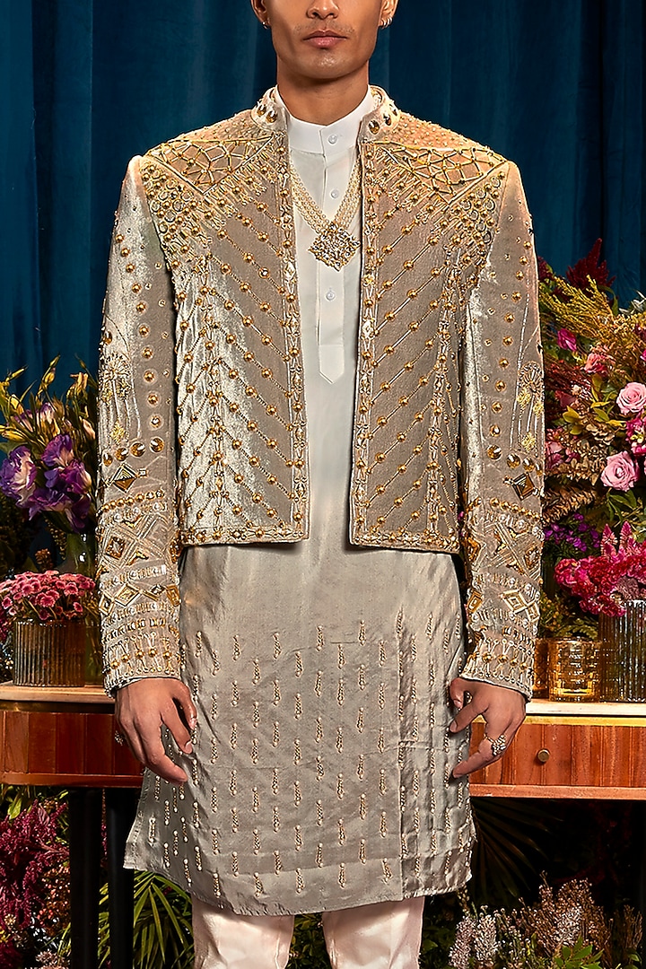 Grey Velvet Embellished Short Jacket Set by Papa Don't Preach by Shubhika Men at Pernia's Pop Up Shop