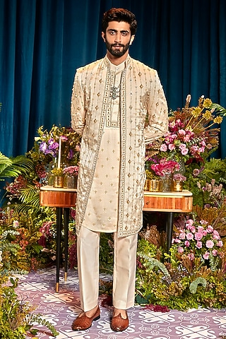 Ivory Velvet Glass Bead Embellished Jacket Set by Papa Don't Preach by Shubhika Men