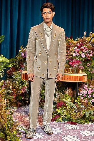 Grey Velvet Embellished Blazer Set by Papa Don't Preach by Shubhika Men