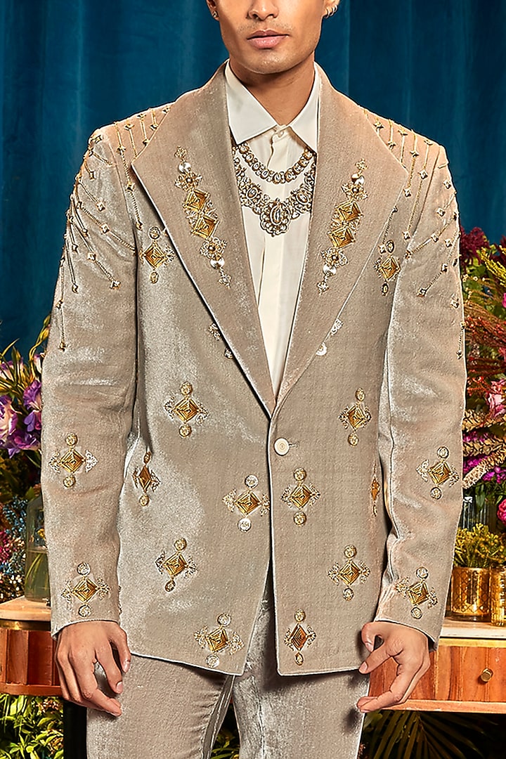 Grey Velvet Embellished Blazer Set by Papa Don't Preach by Shubhika Men at Pernia's Pop Up Shop