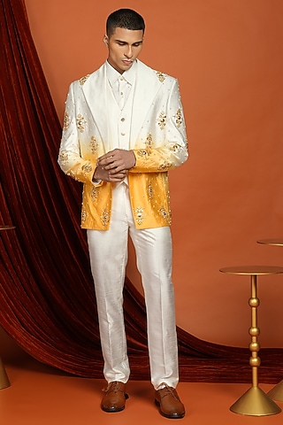 Mustard Yellow & Ivory Embellished Blazer Set by Papa Don't Preach by Shubhika Men